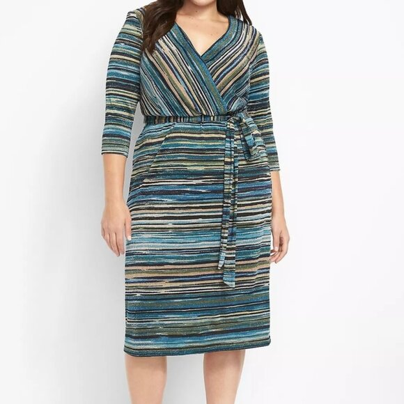 Lane Bryant Metallic Stripe Wrap Cocktail Dress Tie Waist Plus 18/20 NWT - Picture 1 of 15